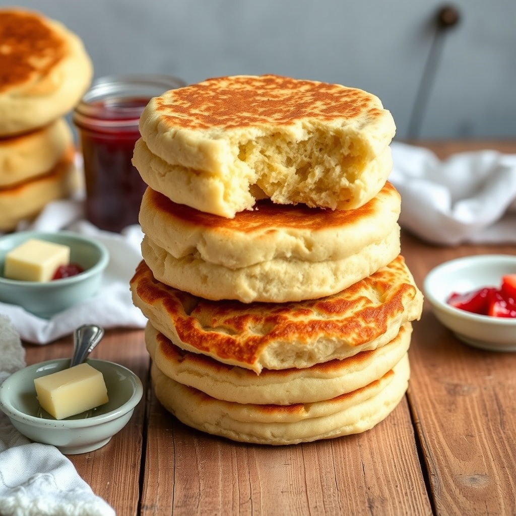 Freshly baked English muffins made with einkorn flour, sliced to show nooks and crannies, served with butter and jam.